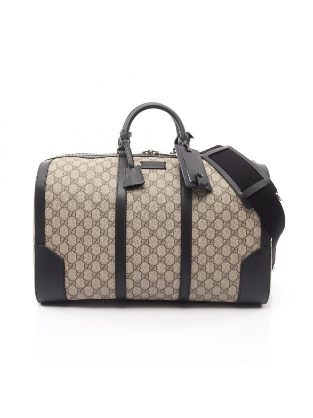 Gucci Boston Bag GG Supreme 2-Way Beige Black Leather Large Duffle